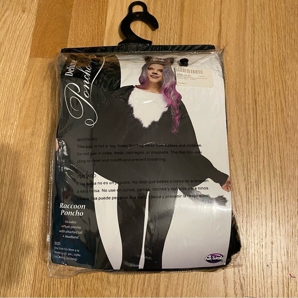 Raccoon Poncho NEW Deluxe Tail Headband Halloween Women’s Costume Furry Black - Picture 2 of 5
